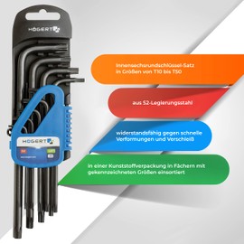 Högert Technik - TORX Key I Set of 9 I Sizes T10 to T50 I Made of S2 Alloy Steel I Resistant to Deformation and Abrasion I HT1W816 - Black