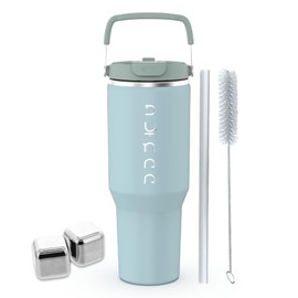 DUNAA Sky Blue Stainless Steel Tumbler with Handle 40oz, Twist On Lid and Flip Up Straw | Leak Resistant Water Bottle with 2 Stainless Steel Ice Cubes and 1 Straw Cleaning Brush