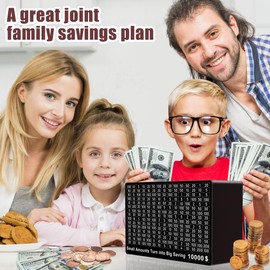 10000 Savings Challenge Box, Money Saving Box Cash Vault Wooden Money for Cash 10,000 $5000 $3000 Target 10k Reusable Counter Bank for Kids and Adults（Black）