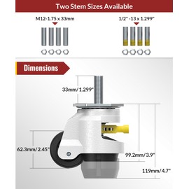 HOLKIE Leveling Stem Casters Set of 4 Heavy Duty Retractable Caster Wheels, 1/2" and M12 Stem Size, Total Capacity 3300 Lbs, Adjustable Wheel with Ratchet Handle for Workbench, Machine, Equipment