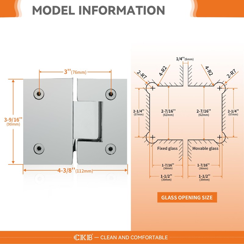 CKB Shower Glass Door Hinge, 180 Degree with Solid Brass,