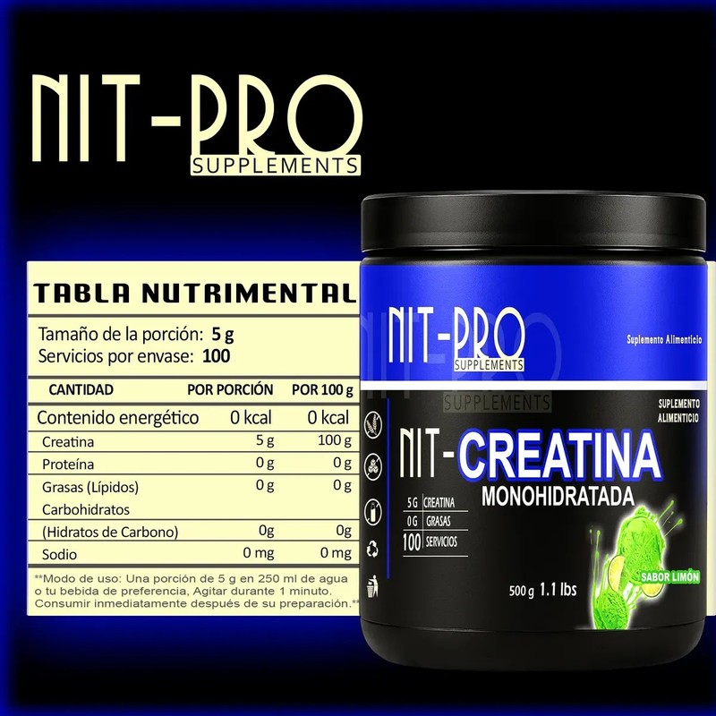 Suplemento Creatina Monohidratada 500g Nit-pro 100serv Polvo