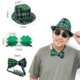MEDEJU St. Patrick's Day Costume Accessory Set with Irish Plaid Green Beret, Elastic Shamrock Suspenders, Glitter Glasses for Men Women and Kids