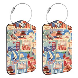 Neidius 2 Pack Luggage Tags for Suitcase,Retro Travel Stickers PU Leather Luggage Tags with Privacy Cover Name Address Labels and Steel Ring,Creative Travel Accessories for Men and Women