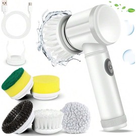 Cepillo Electrico para Baño Limpieza, Cepillo Giratorio para Baño sin Cable con 5 Cabezas de Cepillo Reemplazables, Cepillo de Limpieza Eléctrico Inalámbrico para Baño Cocina Limpieza (blanco)