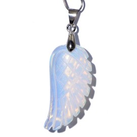 AD Beads 18x36mm Natural Gemstone Carved Angel Wing Reiki Chakra Healing Pendant plus 18'' ball chain necklace White Opalite