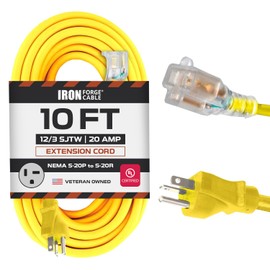 Iron Forge Cable 10 Ft Extension Cord - Nema 5-20 Extension Cord, 5-20P to 5-20R Lighted Yellow SJTW 12 Gauge Electric Cable, 20 Amp Heavy Duty