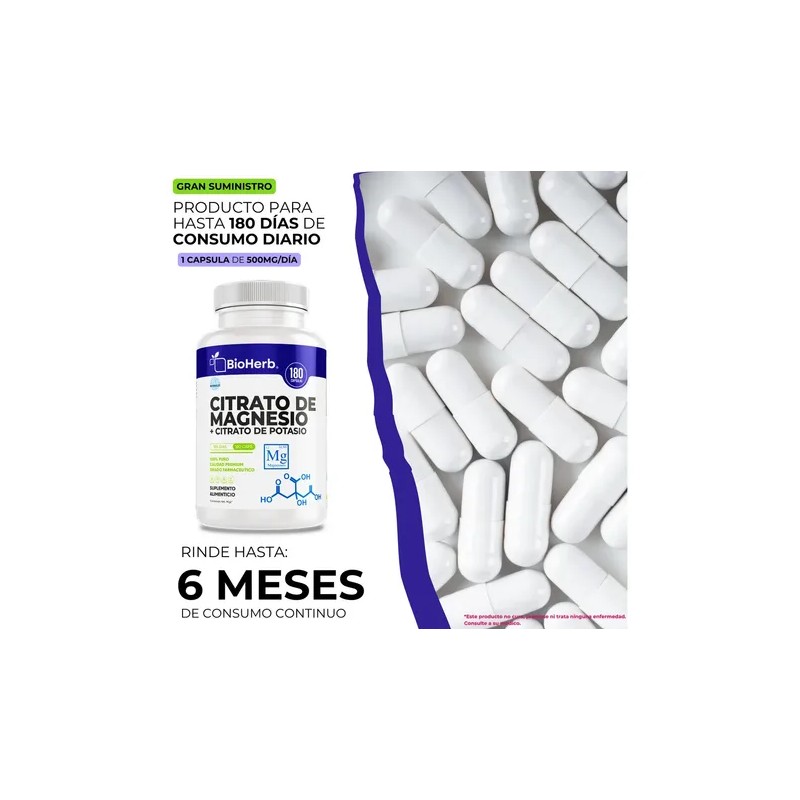 Bioherb Citrato Magnesio Potasio Extremadamente Eficaz 180 Cápsulas Meses Apoyo