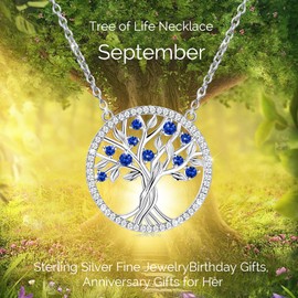 Tree of Life Necklace for Women September Birthstones Blue Sapphire Jewelry for Mom Wife Birthday Gifts for Her 925 Sterling Silver