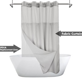 Extra Long No Hook Slub Textured Shower Curtain with Snap-in PEVA Liner Set - 71" x 98"(96"), Hotel Style with See Through Top Window, Grey Fabric Curtain & Waterproof Liner, Gray, 71x98