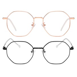 JOVAKIT Polygon Blue Light Blocking Glasses for Women Men Vintage Octagon Square Non-prescription Metal Eyeglasses (Rose Gold+Black)