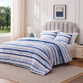 Sophia Willam 3 Pieces Comforter Set King Size, Cotton Fabric with Microfiber Inner Fill, 1 Comforter (108x92) and 2 Pillowcases (36x20),Navy Stripe
