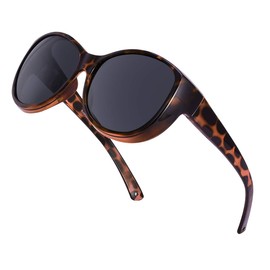 Br'Guras Polarized Oversized Wrap Around Shield Sunglasses for Glasses Fit Over Sunglasses with Cat Eye Frame for Woman Man (Amber Leopard, Black)