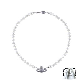 Planet Orb Pearl Silver Necklace 925 Mini Bas Earrings Set Crystal Rhinestone Y2k Aesthetic Pendant Mini Bas Necklace for Women Girlfriend Wife Birthday Jewellery Gift (Orb Earrings)