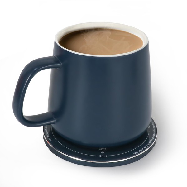 APEKX Chauffe-Tasse, Tasse intelligente avec contrôle de la température avec couvercle, chauffe-tasse à café avec tasse pour bureau Chauffe Tasse Usb 13.3oz(Bleu)