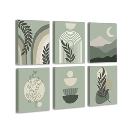 Drsoum Green Boho Wall Art Mid-Century Modern Wall Decor Canvas 𝗙𝗿𝗮𝗺𝗲𝗱 Print Minimalist Botanical Abstract Geometric Aesthetic Neutral Boho Room Decor for Bedroom Living Room Bathroom 8"x10" Set of 6