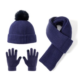 Lallier 3Pcs Kids Hat Scarf and Snow Gloves Set, Winter Knit Warm Soft Pom-Pom Beanie Outdoor for Boys Girls and Toddlers (Navy Blue)
