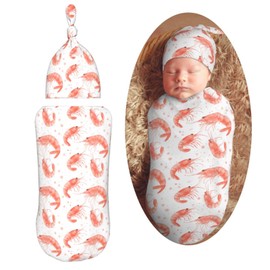 Muishi Watercolor Shrimps Newborn Swaddle Blankets Hat Sets Soft Baby Receiving Blanket Swaddle Sack for Baby Shower Infant Boy Girl Gift