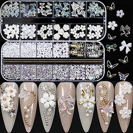 Acrylic Butterfly Flower Bear Nail Art Pendant Nail Art, Multi-shape Pearl Rhinestone Golden Metal Nail Art, Nail Art Pendant Applique Jewelry Accessories Production (S1-Bow Flower Rhinestones)