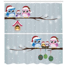 Ambesonne Christmas Shower Curtain, Owl Family with Santa Hats on Tree Branch with Babies in Nest Birds Snowy Winter Print, Cloth Fabric Bathroom Decor Set with Hooks, 75" Long, Grey