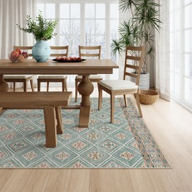 Lahome Machine Washable Living Room Area Rug 5x7, Boho Geomatric Green Rugs for Bedroom, Rubber Backed Non Slip Soft Floor Carpets for Dining Room Department Dorm