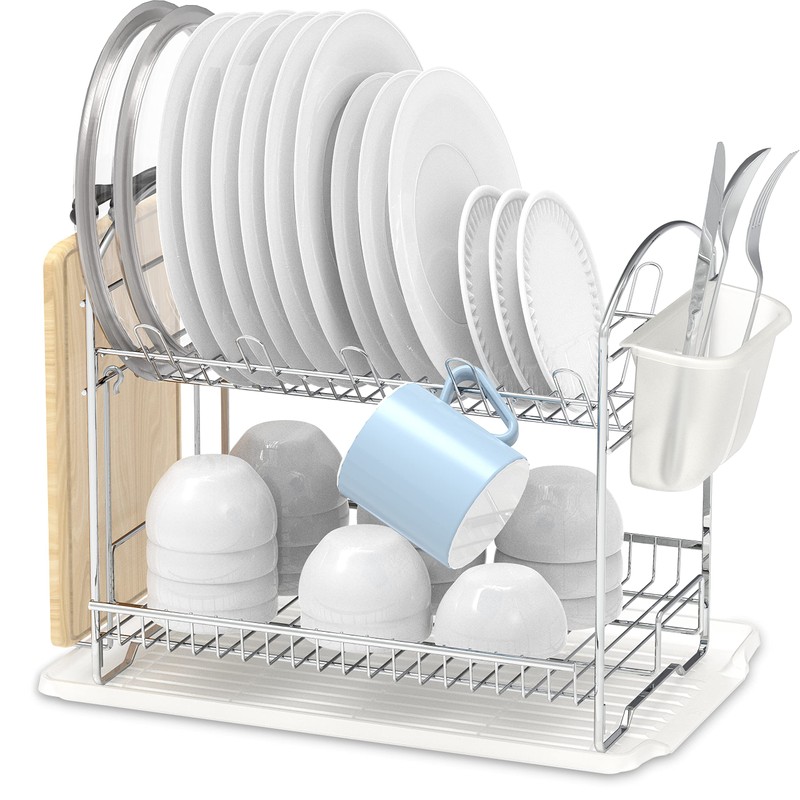 Simple Houseware 2-Tier Stainless Steel Dish Rack with Drainboard, Chrome