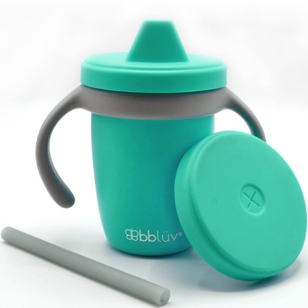 bblüv – Küp – Taza de transición duradera a prueba de derrames 4 en 1 para niños y niños – Taza de silicona de grado alimenticio para bebé, aguamarina, 240 ml