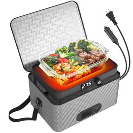 Portable Oven, 12V 24V 110V-240V Car Food Warmer Portable Personal Mini Oven Electric Heated Lunch Box for Meals Reheating & Raw Food Cooking for Road Trip/Camping/Picnic/Family Gathering(Gray)
