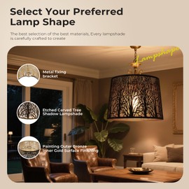 Vintage Drum Metal Lampshade, Forest Tree Pattern, 12W x14D x10H inches, Antique Copper with Gold Interior, lron Cover Lamp Shade for Table Lamps, Floor Lamps, Pendant Light Home Decor Spider Fitter