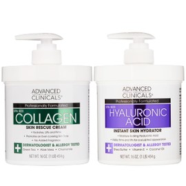 Advanced Clinicals Hyaluronic Acid Moisturizer + Fragrance Free Collagen Cream Face Moisturizer & Body Lotion 2pc Skincare Set For Women & Men Helps Reduce Appearance Of Crepey Skin & Dry Skin, 2pc