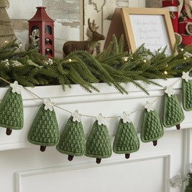 Crochet Christmas Tree Garland 6.6 ft Handmade Xmas Banner Decor Christmas Tree Shaped Garland Rustic Farmhouse Hanging Ornament for Fireplace Holiday Mantel Wall Window Home Cottage Woodland Nursery