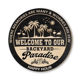 MUCHNEE Backyard Paradise Sign, Backyard Bar & Grill Sign, Backyard Oasis Sign, Patio Décor, Beach House Porch Poolside Paradise Welcome Sign, Barbecue Family Room Gift, Flamingo & Palm Tree Patio Decorations