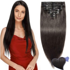 10"-22" 110g-160g Double Weft Clip in Human Hair Extensions Remy - 8 Pieces Full Head Straight (14"-120g, 1B Natural Black)