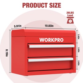 WORKPRO Mini Metal Tool Box with 2 Drawers and Top Storage, Small Tool Chest with PVC Liners and PP Feet Pads, Cold Rolled Steel Toolbox with Magnetic Tab