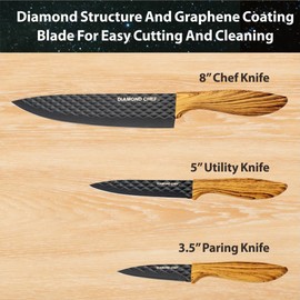 DIAMOND CHEF 3-Piece Graphene Knife Set – 8” Chef Knife, 5” Utility Knife, 3.5” Paring Knife, Ultra-Sharp High Carbon Steel Blades, Non-Stick Coating, Ergonomic Handle, Kitchen Knife Set