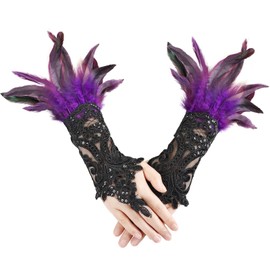 MAOFENG Women's Gothic Lace Feather Gloves Witch Angel Costume Accessories Swan Wings Wrist Bands Lace Fingerless Gloves,Purple