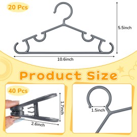 Hsei 60 Packs Baby Hangers with Clips Toddler Hangers with Clips for Kids Pants Closet Coat Skirts Socks (Gray)