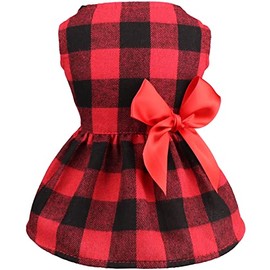 Buffalo Plaid Dog Dresses Cute Bowtie Dog Clothes Cotton Soft Dog Christmas Outfit Dog Costume for Small Dogs Cat Apparel (S)