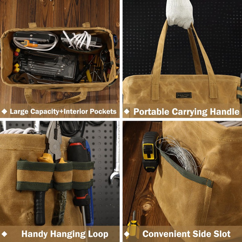 Open Top Tool Bag, Heavy Duty 16oz Waxed Canvas Tool