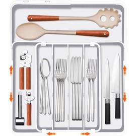 Homecor Silverware Organizer for Kitchen Drawers, Expandable Utensil Drawer Organizer, BPA Free Flatware and Cutlery Holder, Adjustable Plastic Storage for Spoons Forks Knives, White