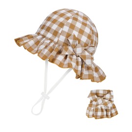 Zando Baby Sun Hat 0-6 Months Cute Ruffle Brim Newborn Sun Hat Khaki Checkered Baby Beach Hat with UPF 50+ Infant Bucket Hat for Baby Hats Adjustable Cotton Newborn Summer Caps