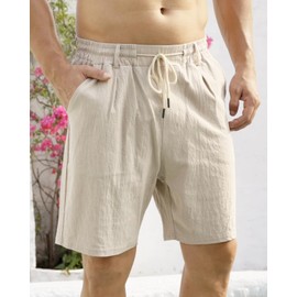 TAFLE - Pantalones cortos de lino para hombre, casual, cintura elástica, cordón, ligeros, día festivo, verano, playa, con bolsillos, Caqui, M