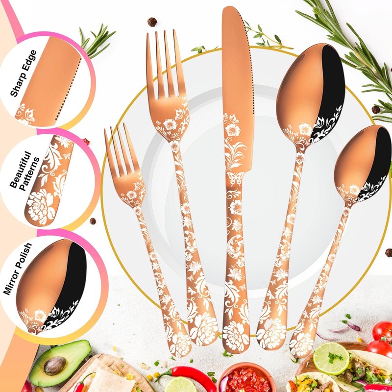 Vilihkc 20 piece Peony Flower Pattern Design Silverware Set, Stainless