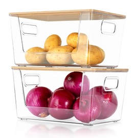 2 Set Pantry Organizer and Storage, Stackable Clear Acrylic Kitchen Counter Pantry Baskets for Potato, Onion, Produce, Fruit, Vegetable, Snack, with Bamboo Top