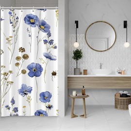 ASDCXZ Flowers Shower Curtain 120 x 200 cm, Spring Watercolour Blue Flowers Plants White Bathroom Washable Narrow Shower Curtains Polyester Textile Waterproof Shower Curtain for Bath with 8 Hooks