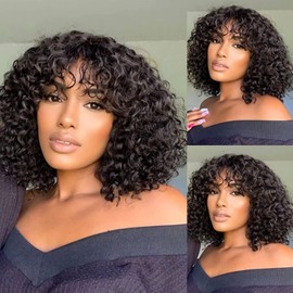 Short Bob Human Hair Wigs with Bangs None Lace Front Wigs Brazlian Curly Hair Machine Made Bob Wig for Black Women Natural Colour (12 Inches)