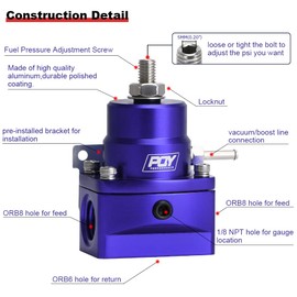 PQY Fuel Pressure Regulator AN8 Feed & AN6 Return Line + 0-160PSI Gauge Set Blue