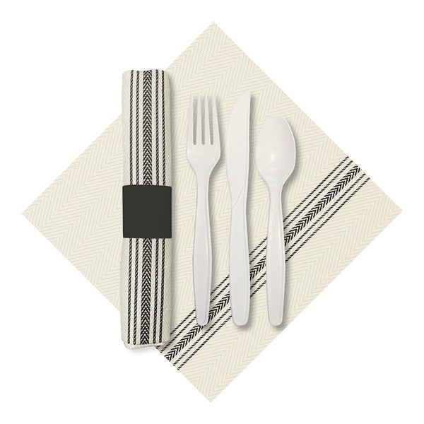 Hoffmaster 120012 Rolled Cutlery Set with Printed Dishtowel Dinner Napkin with Knife, Fork, and Spoon, White/Black (Pack of 100)