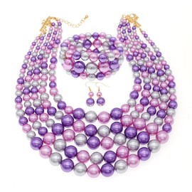 iSPECIAL Colorful Faux Pearl Jewelry Set for Women Layered Chunky Necklace, Earrings, and Bracelet Fashion Costume Jewelry Set (Purple Colorful necklace set)