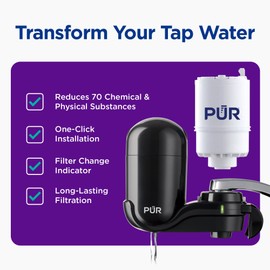 PUR Vertical Faucet Mount Water Filtration System with Lead Reducing Filter for Cleaner, Filtered Tap Water, Lasts 100 Gallons, Sink Water Filter, Fits Most Kitchen or Bathroom Faucets, Black